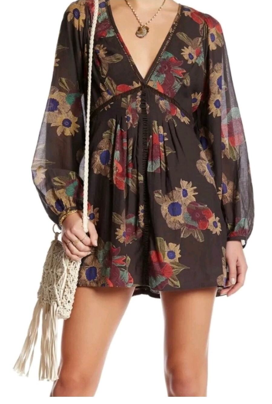 Free People Strawberry Fields Boho floral tunic dress women's size Large
